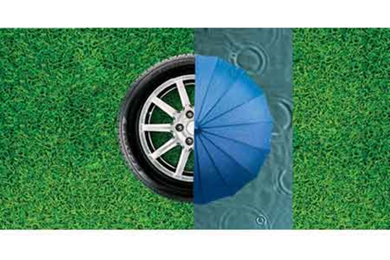 Safe wet handling tyres for car, SUV & 4WD. Image of a tyre in the wet. 