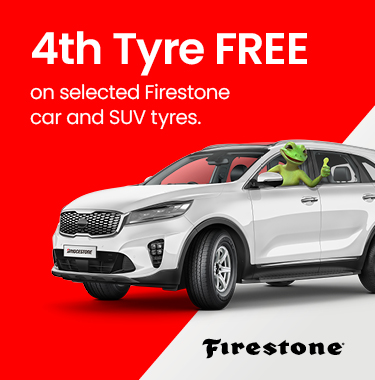 4th Tyre FREE on selected Firestone car and SUV tyres.