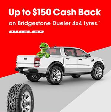 Up to $150 cash back on Bridgestone Dueler SUV or 4x4 tyres.