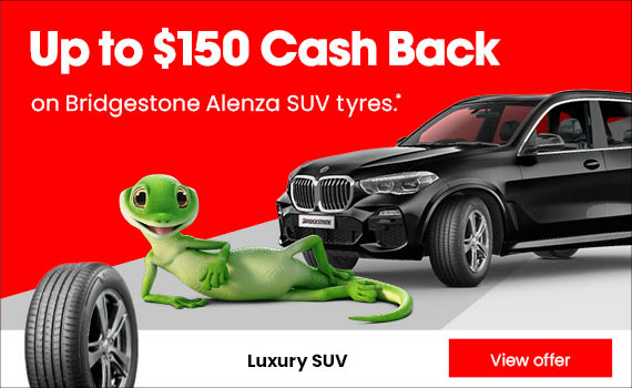 Up to $150 cash back on Bridgestone Alenza SUV tyres.