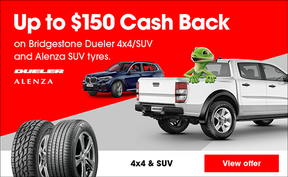 Up to $150 Cash Back on Bridgestone Dueler 4x4/SUV and Alenza SUV tyres.
