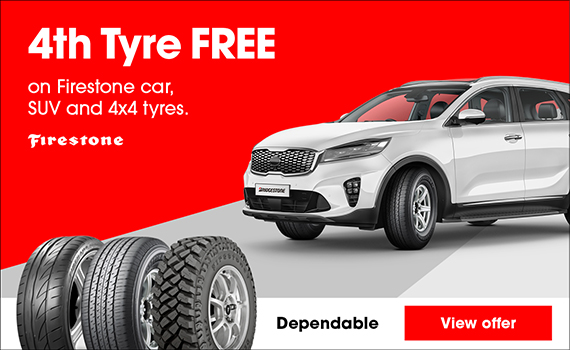 4th Tyre Free on Firestone car and SUV tyres.