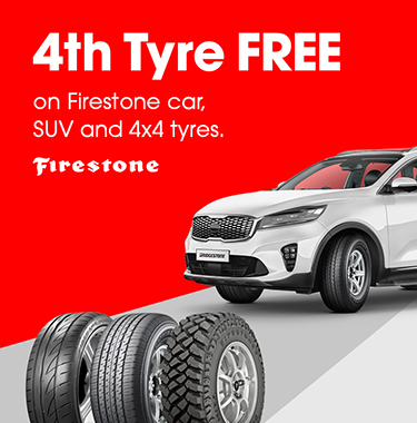 4th Tyre Free on Firestone car and SUV tyres.