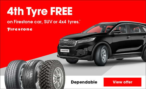 4th Tyre Free on Firestone car and SUV tyres.