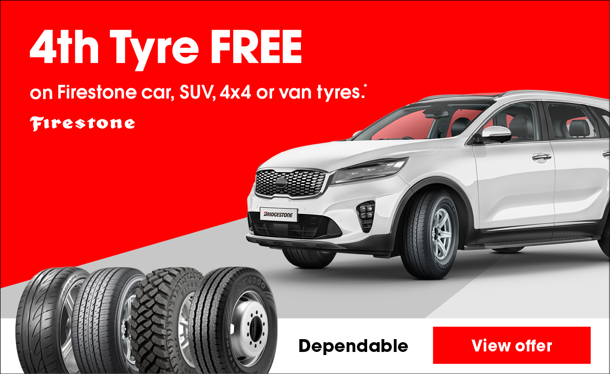 4th Tyre Free on Firestone SUV, 4x4 or Van tyres.