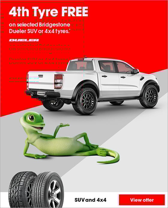 4th Tyre FREE on selected Bridgestone Dueler SUV or 4x4 tyres.