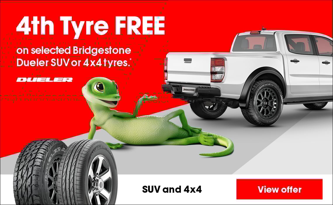 4th Tyre FREE on selected Bridgestone Dueler SUV or 4x4 tyres.