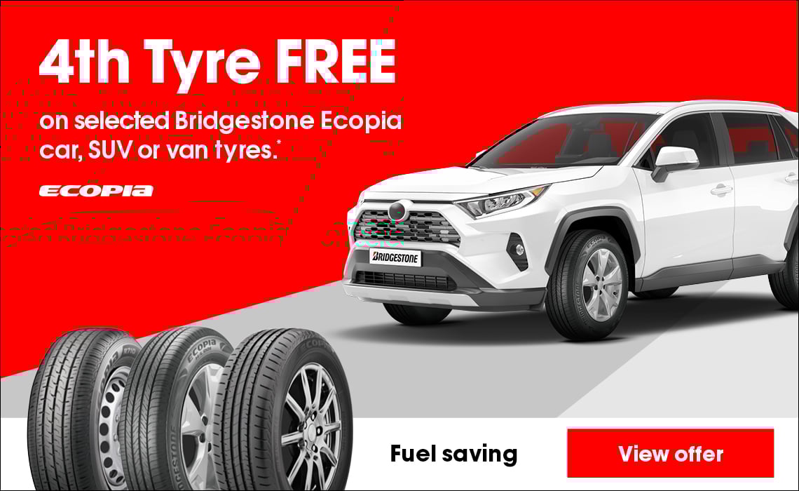 4th Tyre FREE on Bridgestone Ecopia car, SUV or van tyres.