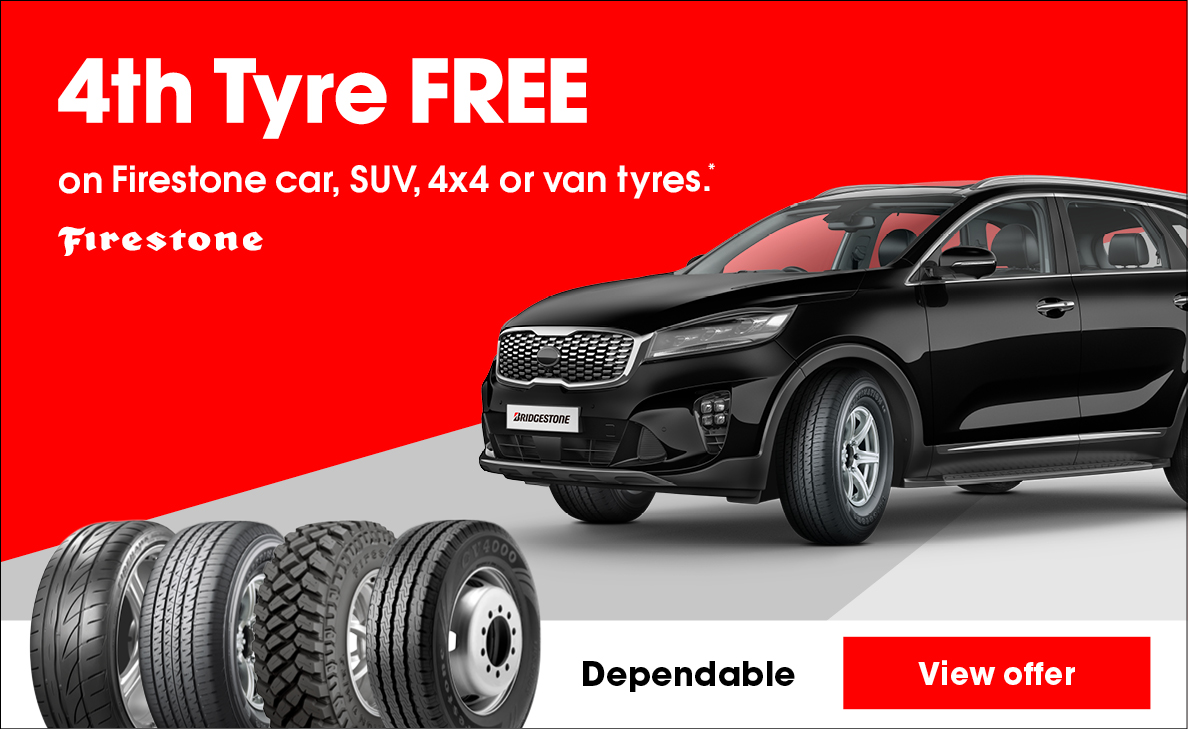 4th Tyre Free on Firestone car, SUV, 4X4 or van tyres.