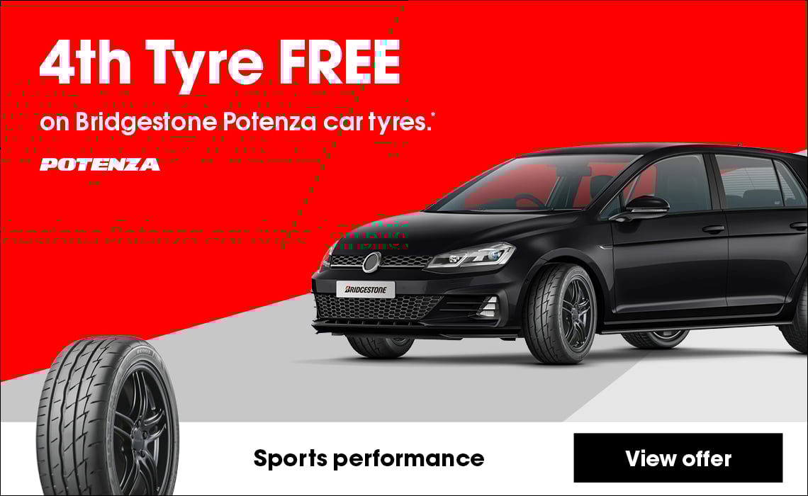 4th Tyre FREE on Bridgestone Potenza car tyres.*