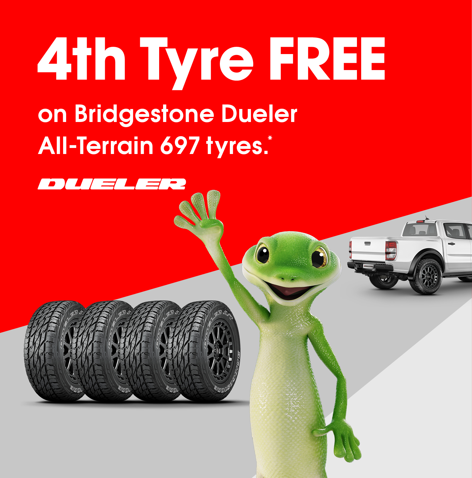 4th Tyre FREE on Bridgestone Dueler 697 A/T tyres.