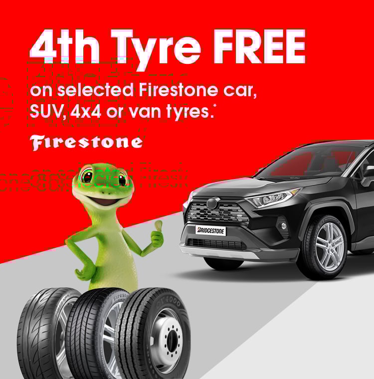 4th Tyre Free on selected Firestone car, SUV,4x4 or Van tyres.