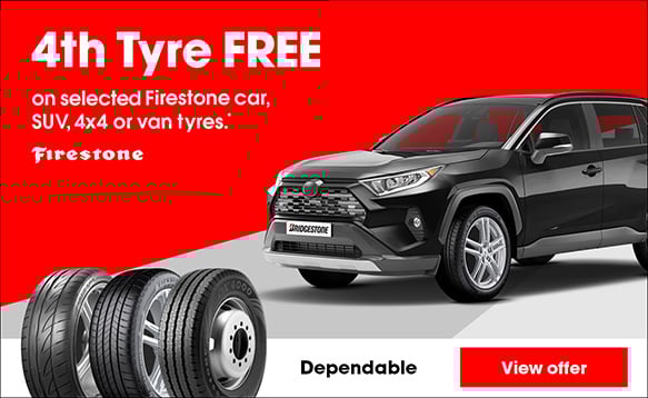 4th Tyre Free on Firestone car and SUV tyres.