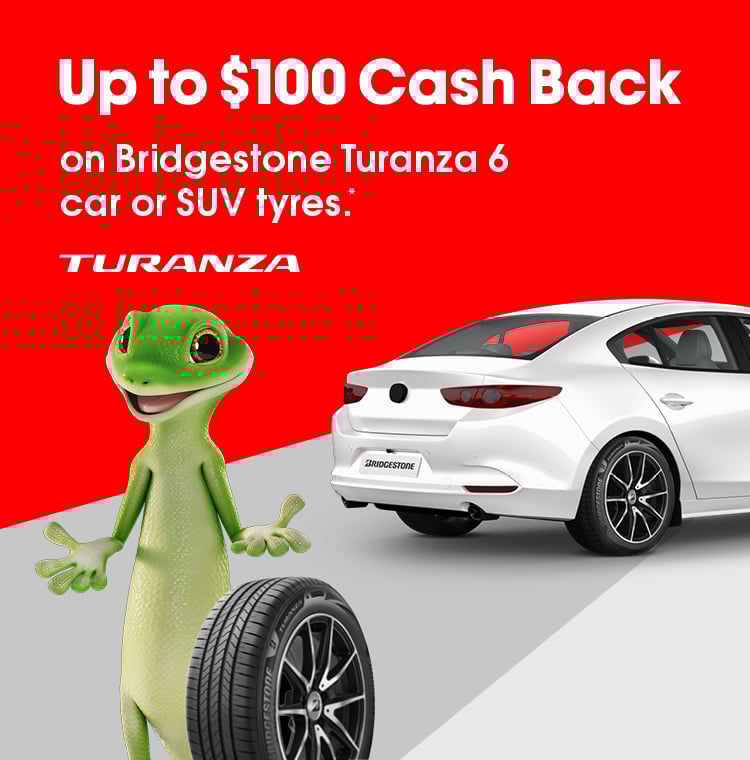Up to $100 Cash Back on Bridgestone Turanza 6 Car or SUV tyres.