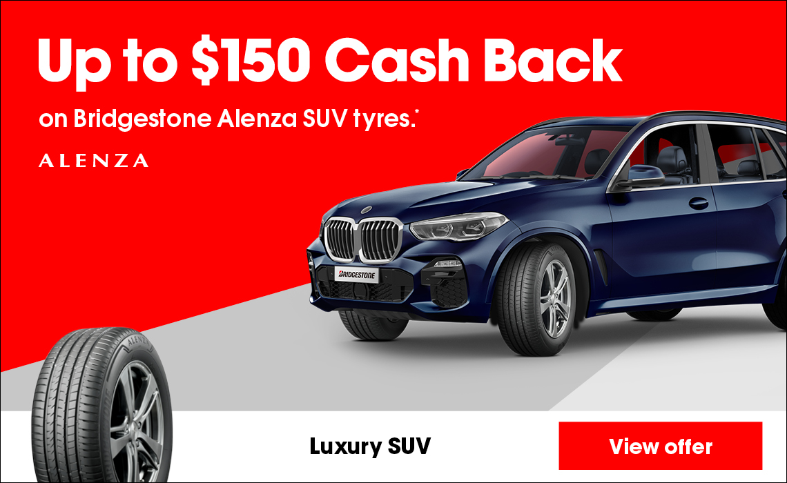 Up to $150 cash back on Bridgestone Alenza SUV tyres