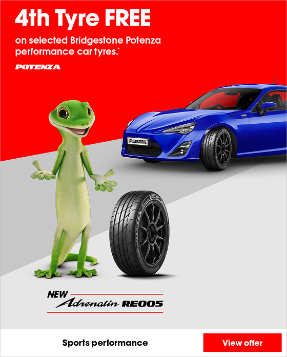 4th Tyre FREE on selected Bridgestone Potenza performance car tyres.