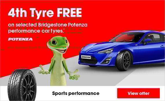 4th Tyre FREE on selected Bridgestone Potenza performance car tyres.