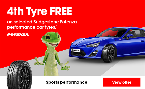 4th Tyre FREE on selected Bridgestone Potenza performance car tyres.