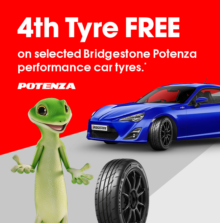 4th Tyre FREE on selected Bridgestone Potenza performance car tyres.