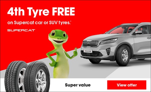 4th Tyre FREE on Supercat car or SUV tyres.