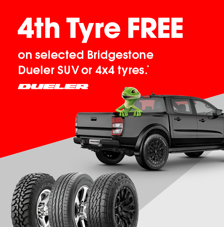 4th Tyre FREE on selected Bridgestone Dueler SUV or 4x4 tyres.
