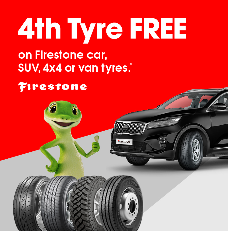 4th tyre free on Firestone car, SUV, 4x4 or van tyres. 