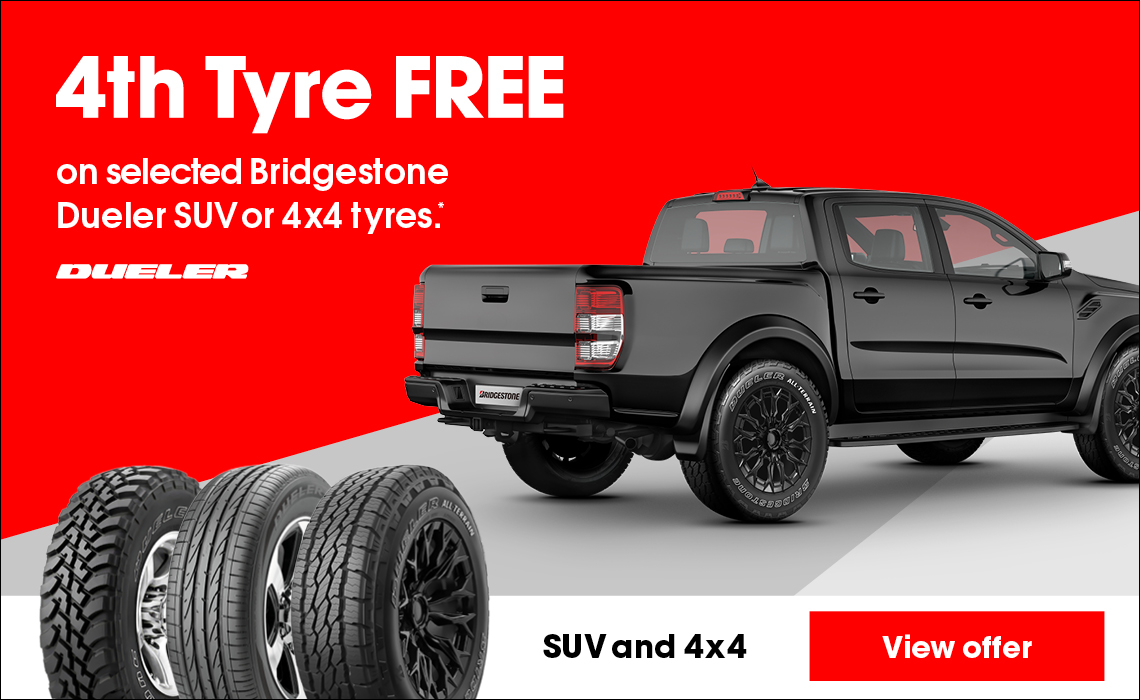 4th Tyre FREE on selected Bridgestone Dueler SUV or 4x4 tyres.