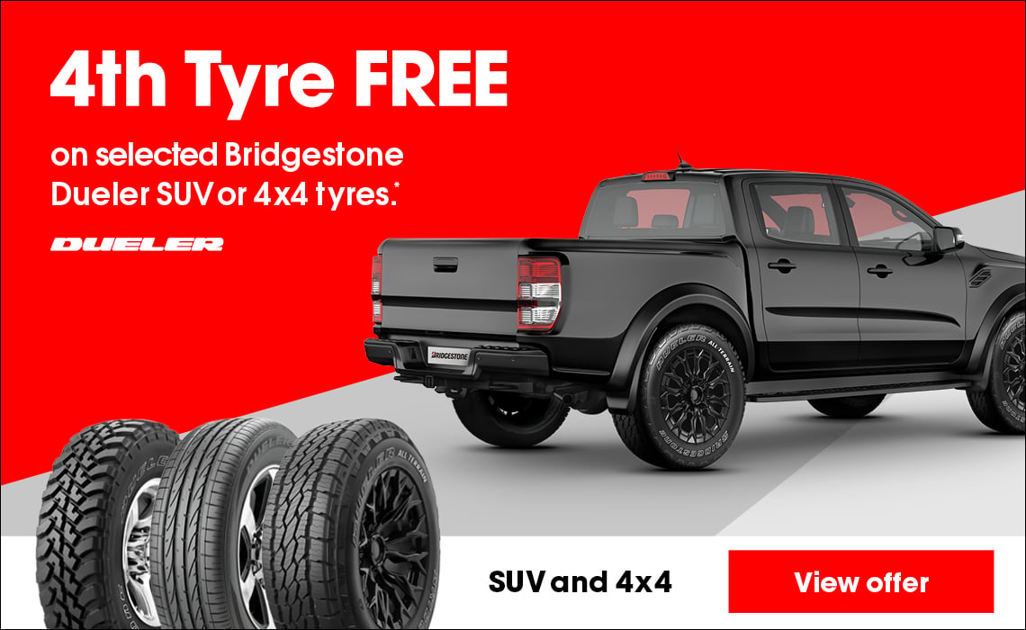 4th Tyre FREE on selected Bridgestone Dueler SUV or 4x4 tyres.
