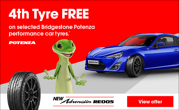 4th Tyre FREE on selected Bridgestone Potenza performance car tyres.