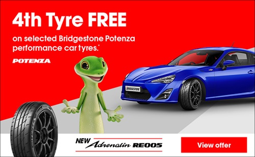 4th Tyre FREE on selected Bridgestone Potenza performance car tyres.