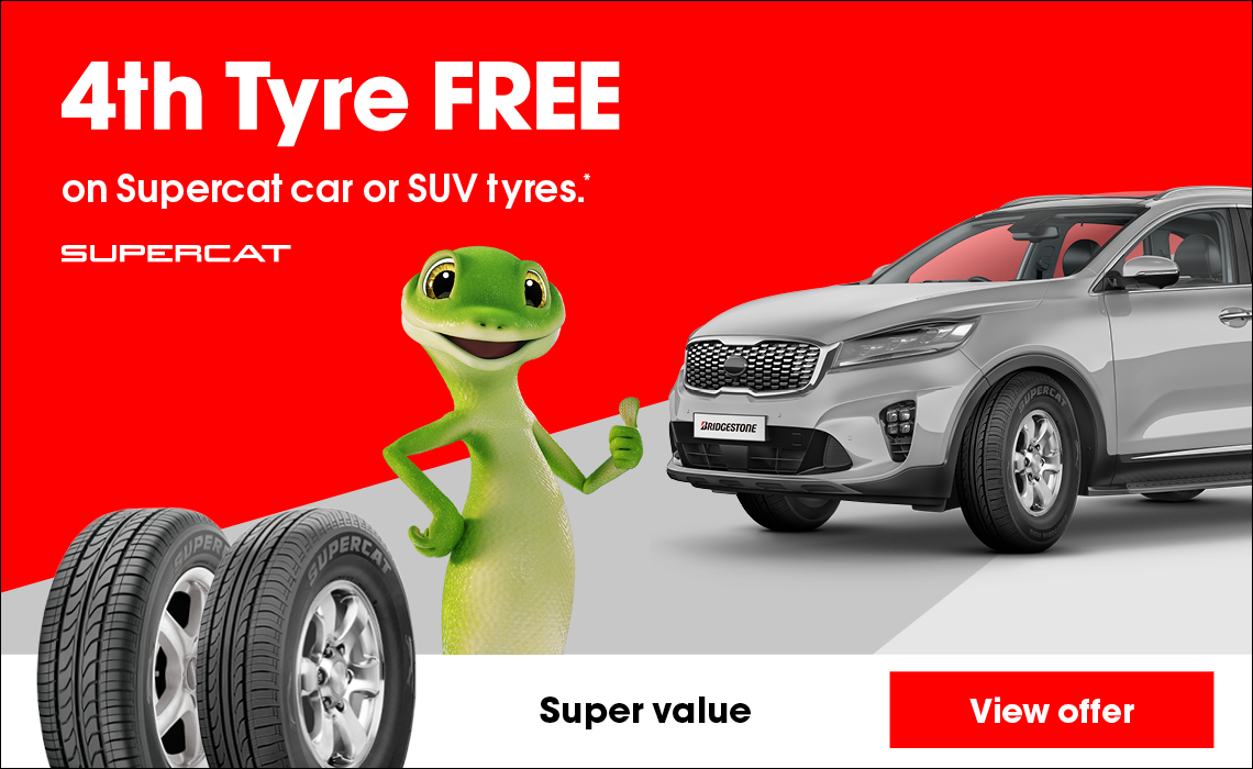 4th Tyre FREE on Supercat car or SUV tyres.