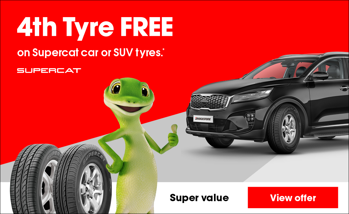 4th Tyre FREE on Supercat car or SUV tyres.