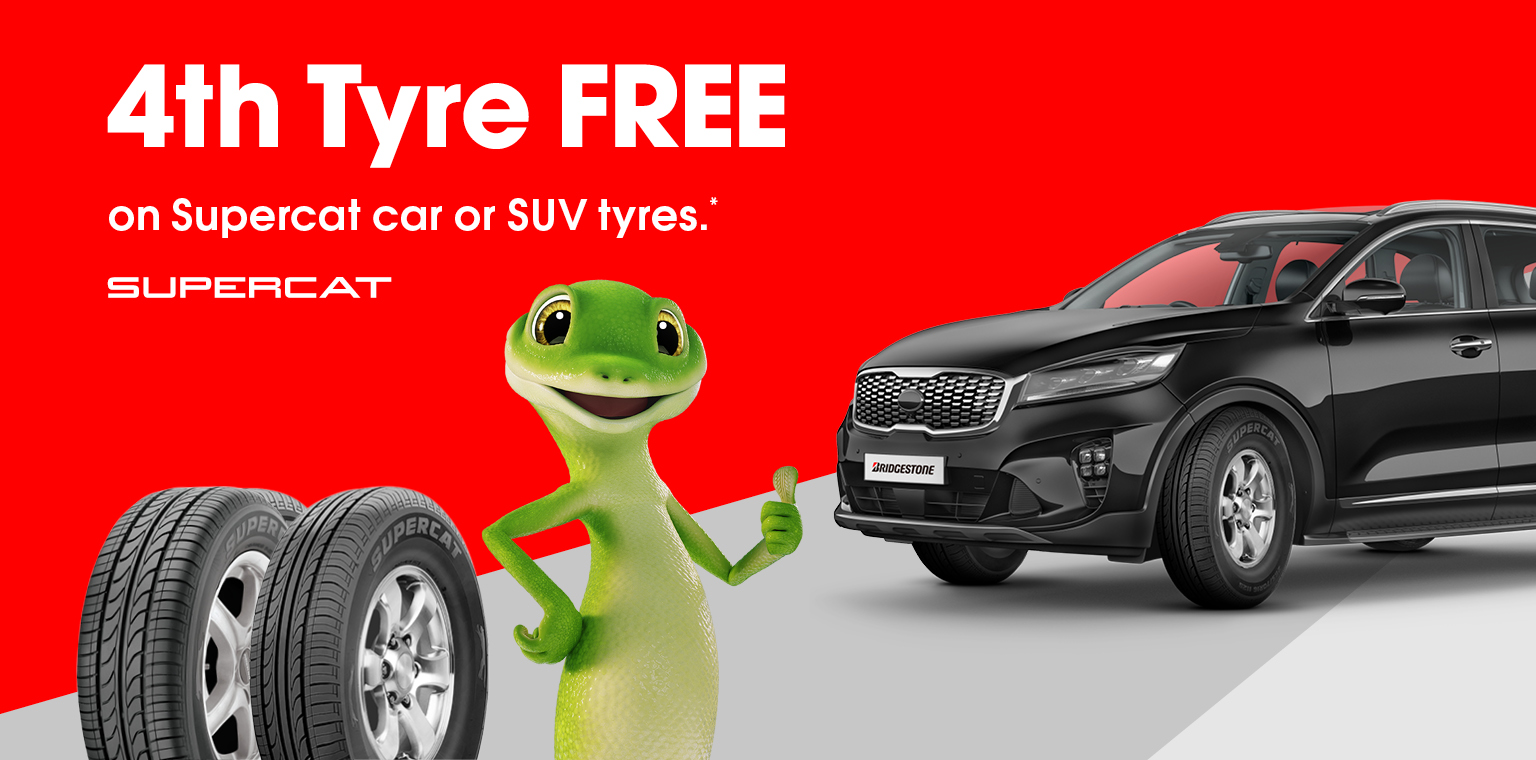 4th Tyre FREE on Supercat car or SUV tyres.