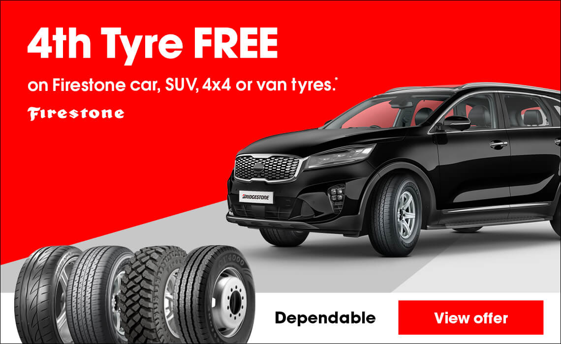 4th tyre free on Firestone car, SUV, 4x4 or van tyres.