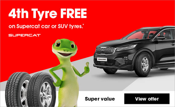 4th Tyre FREE on Supercat car or SUV tyres.