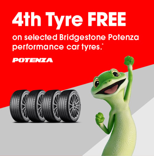 4th Tyre FREE on selected Bridgestone Potenza performance car tyres.