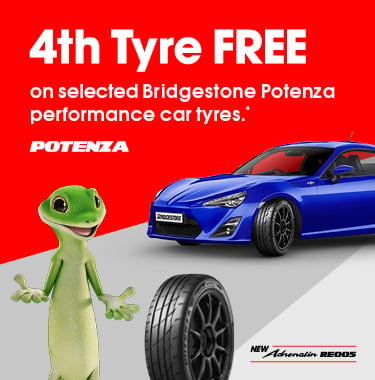 4th tyre FREE on selected Bridgestone Potenza performance car tyres