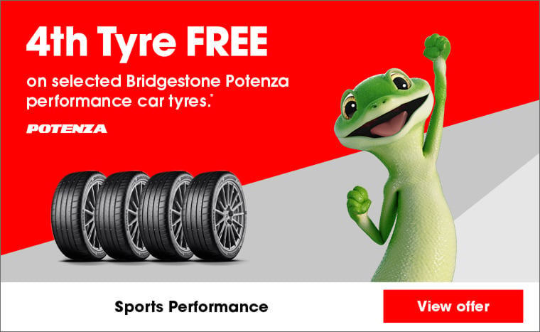 4th Tyre FREE on selected Bridgestone Potenza performance car tyres.