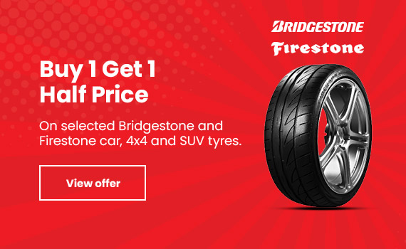 Buy 1 Get 1 HALF PRICE* on selected Bridgestone and Firestone car tyres.