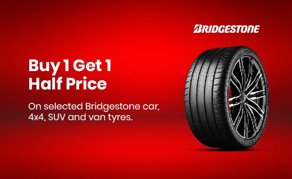Buy 1 Get 1 Half price on selected Bridgestone car, 4x4, SUV and Van tyres