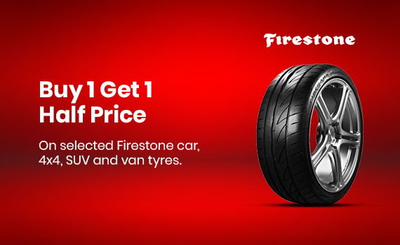 Buy 1 Get 1 Half price on selected Firestone car, 4x4, SUV tyres
