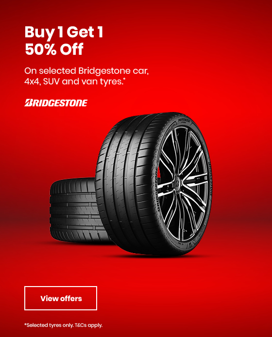 Buy 1 Get 1 Half price on selected Bridgestone car, 4x4, SUV and van tyres.