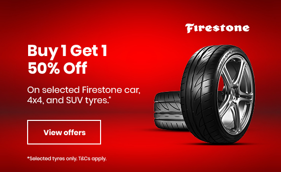 Buy 1 Get 1 50% off on selected Firestone car, 4x4, SUV tyres.