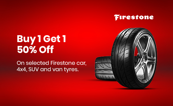 Buy 1 Get 1 50% off on selected Firestone car, 4x4, SUV tyres.